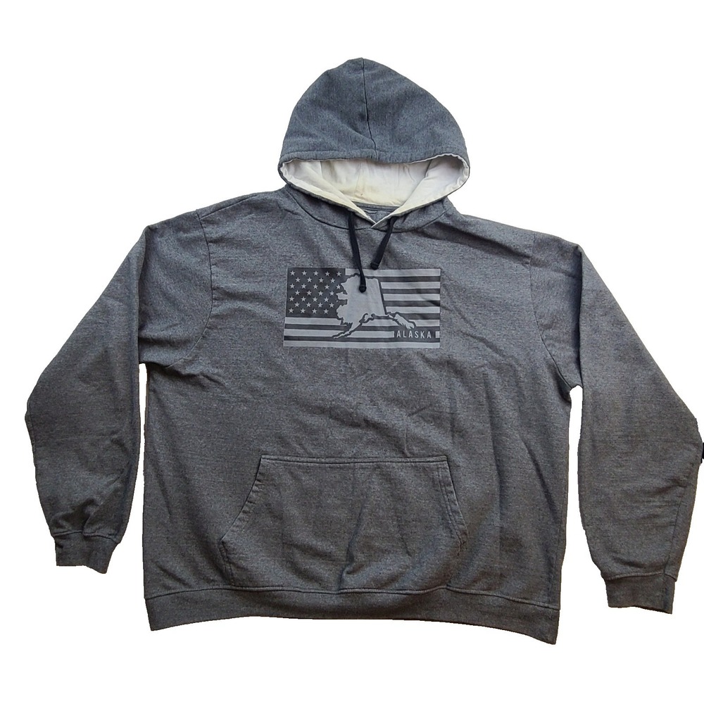 Alaska Outpost Men's 3XL Gray Hoodie American Flag Sweatshirt State Map Pullover